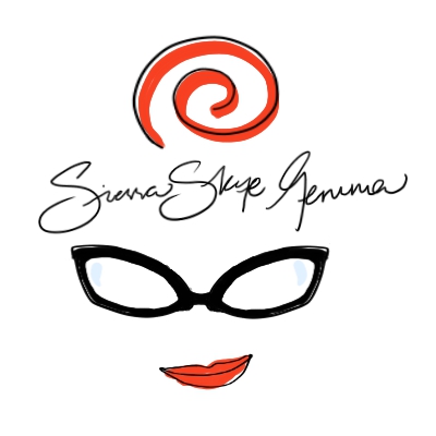 Sierra Skye Gemma logo with outline of red hair glasses and red lips in a smirk