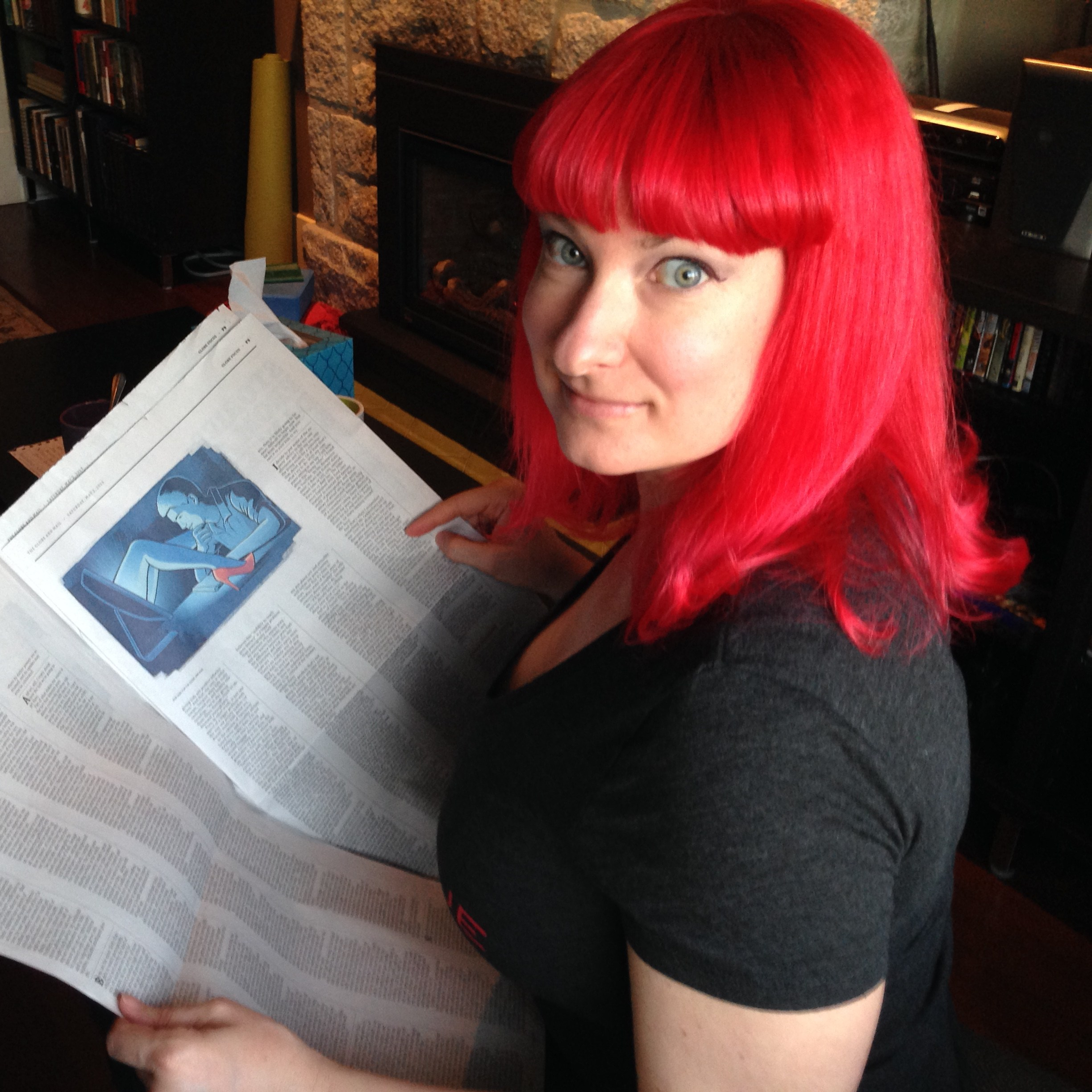 Sierra Skye Gemma reading "My Sexual Education" article in The Globe and Mail newspaper